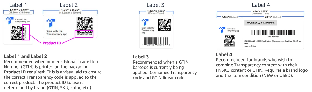 Cztery przykłady etykiet Amazon Transparency w formatach kwadratowych i prostokątnych